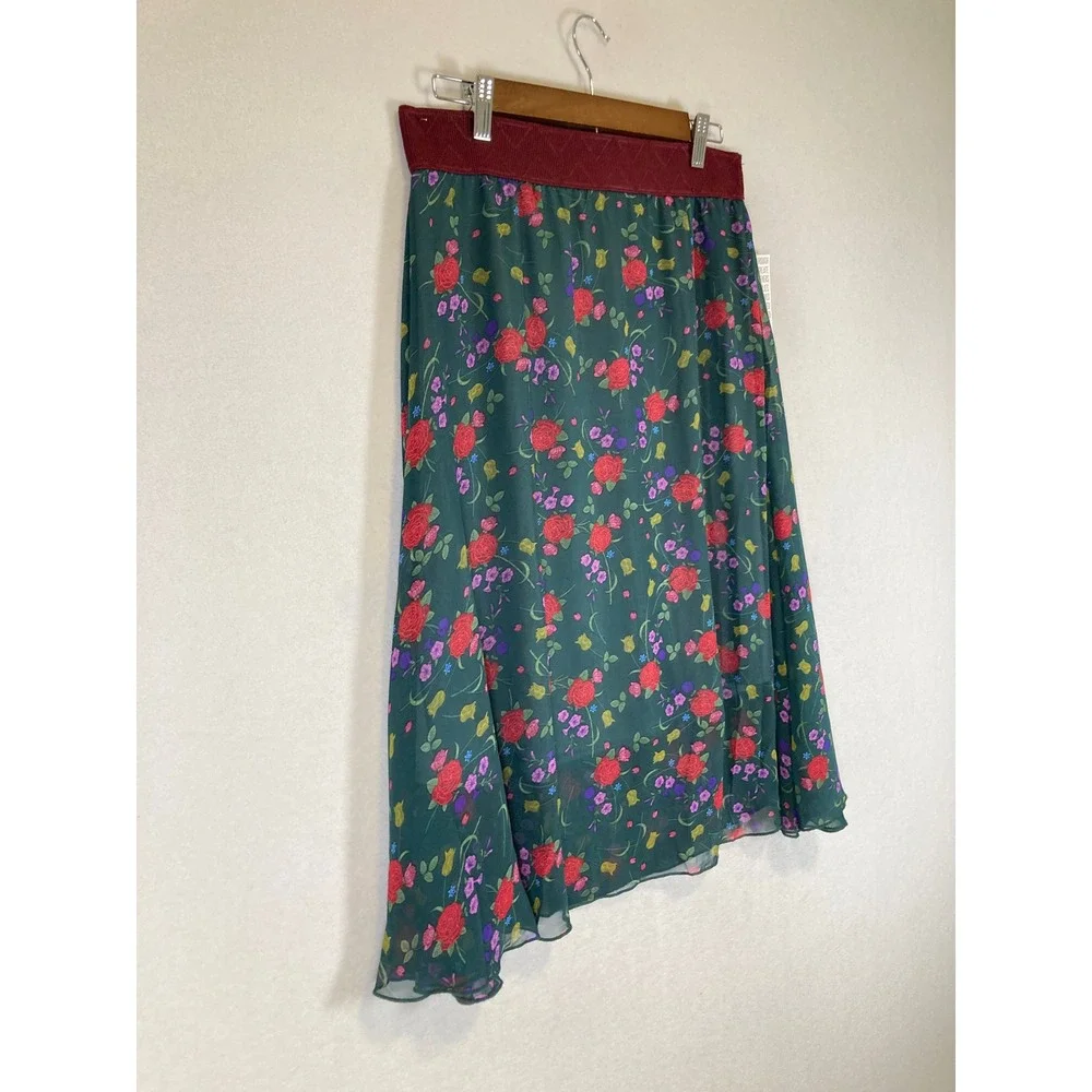 Cottagecore LuLaRoe Women Medium‎ Green Floral Rose Chiffon Lined Midi Skirt